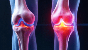 Illustration of knee replacement surgery showing damaged joint replaced with artificial implant.