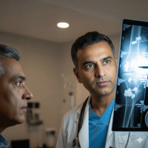 Indian orthopedic doctor reviewing knee MRI scan for joint preservation treatment