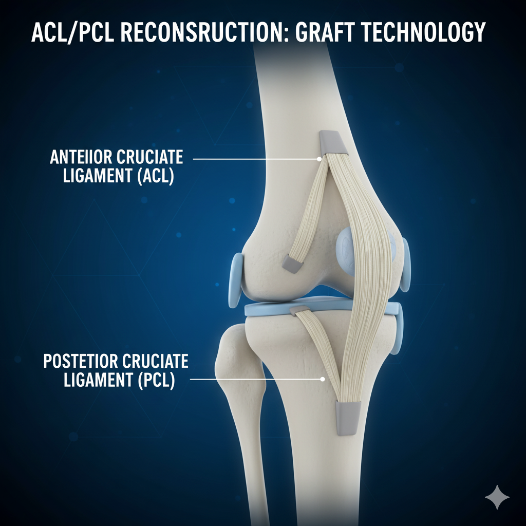 Diagram illustrating Anterior Cruciate Ligament (ACL) and Posterior Cruciate Ligament (PCL) anatomy and graft placement.