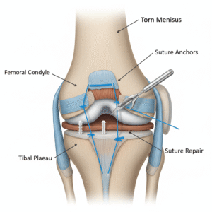 Diagram illustrating arthroscopic rotator cuff repair in the shoulder joint using suture anchors.