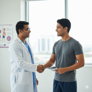 Best orthopaedic doctor in Gurgaon consulting a patient after successful knee & shoulder arthroscopy.