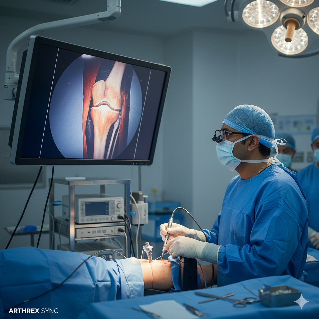 Indian orthopaedic doctor performing knee arthroscopy surgery on a screen, minimally invasive joint repair.