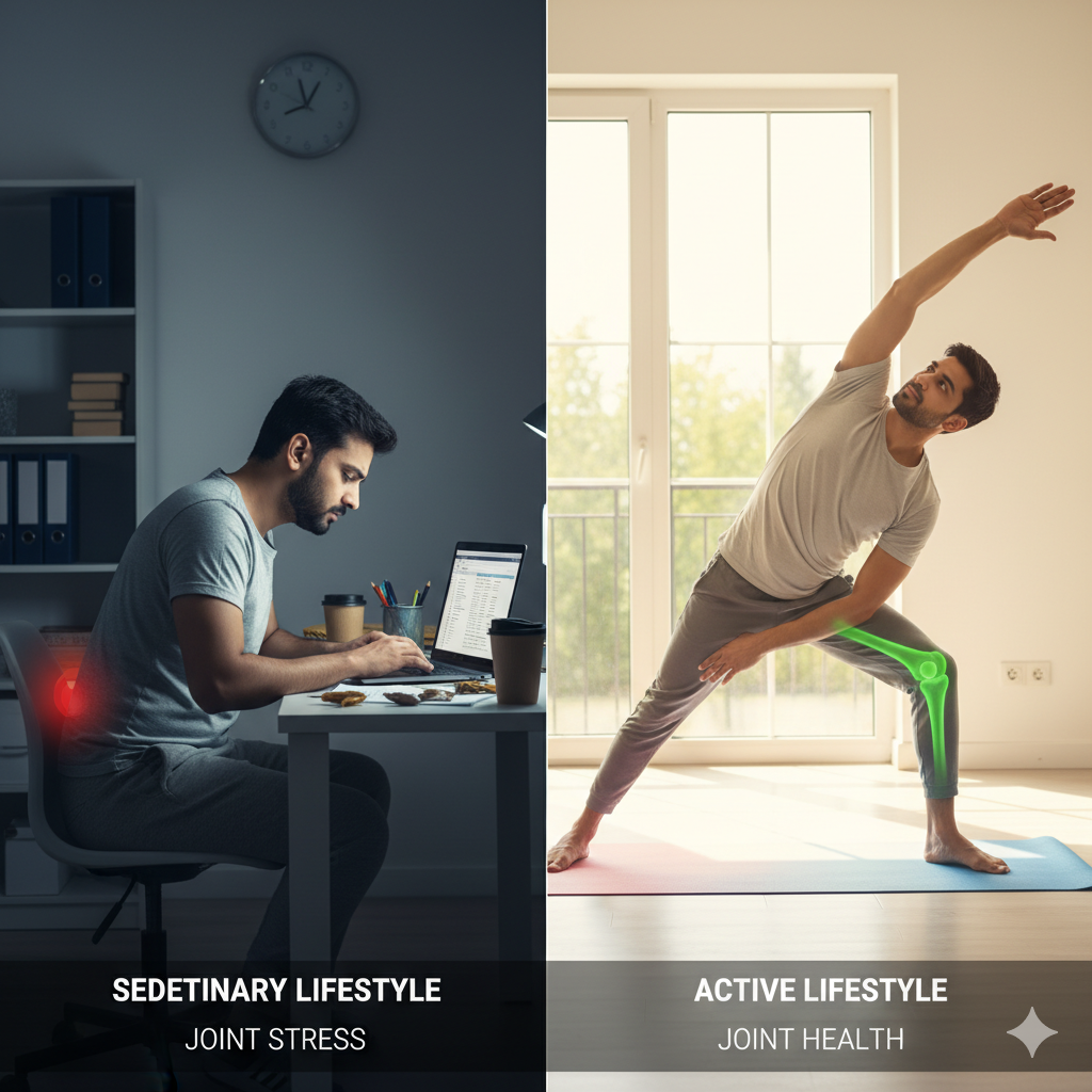 Early onset osteoarthritis risk factors, sedentary lifestyle vs low-impact exercise for joint health.