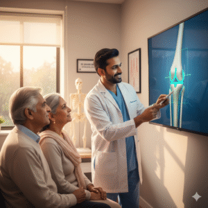 Orthopedic specialist in Gurgaon explaining robotic knee implant alignment benefits.