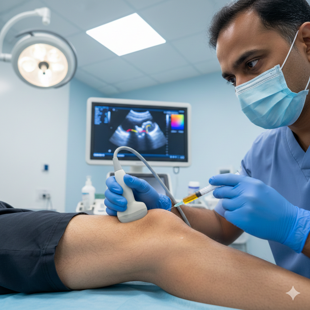 Best orthopaedic doctor in Gurgaon performing ultrasound-guided PRP injection for knee pain.