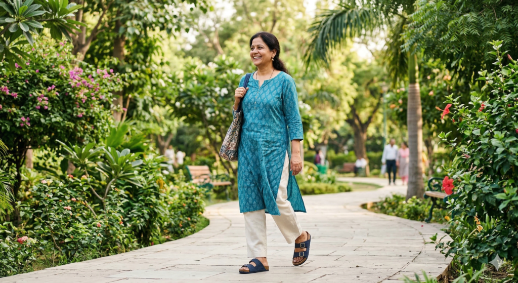 Indian woman wearing comfortable ortho sandals for women in a park.